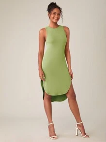 SHEIN BASICS Solid Curved Hem Tank Dress - Lime Green - View 4
