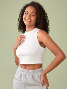 SHEIN BASICS Top De Tanque Sólido Y Recortado Con Cuello Redondo - Blanco - Ver 3