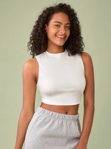 SHEIN BASICS Top De Tanque Sólido Y Recortado Con Cuello Redondo - Blanco - Ver 4