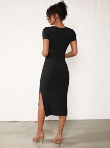SHEIN BASICS Solid Split Thigh Bodycon Dress - Black - View 2