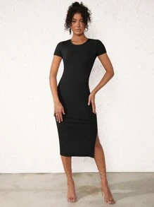SHEIN BASICS Solid Split Thigh Bodycon Dress - Black - View 3