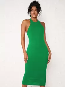 SHEIN BASICS Solid Halter Neck Bodycon Dress - Green - View 1