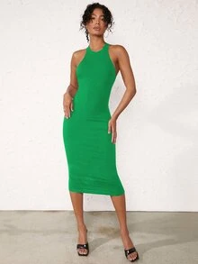 SHEIN BASICS Solid Halter Neck Bodycon Dress - Green - View 3