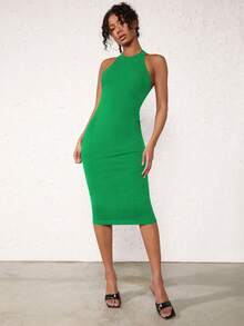 SHEIN BASICS Solid Halter Neck Bodycon Dress - Green - View 6