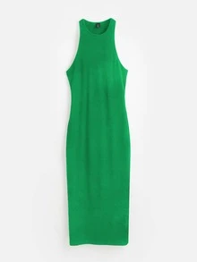 SHEIN BASICS Solid Halter Neck Bodycon Dress - Green - View 8