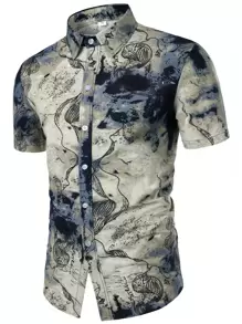 Men Color-block Print Button Up Shirt - Multicolor - View 1