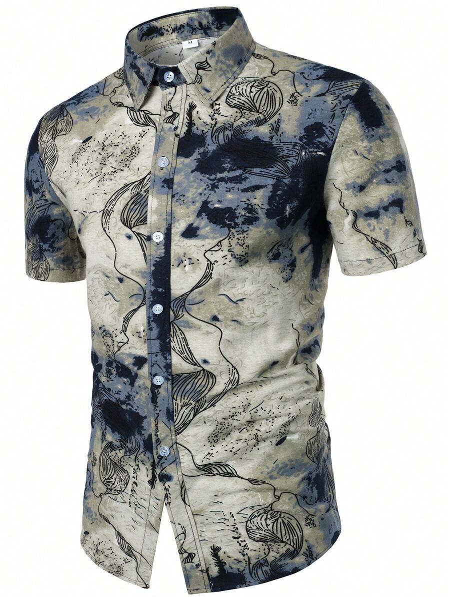 Men Color-block Print Button Up Shirt - Multicolor - View 1