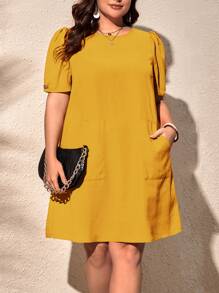 SHEIN Clasi Vestido túnico unicolor con doble bolsillo - Mostaza Amarilla - Ver 1