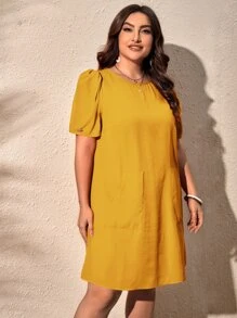 SHEIN Clasi Vestido túnico unicolor con doble bolsillo - Mostaza Amarilla - Ver 3