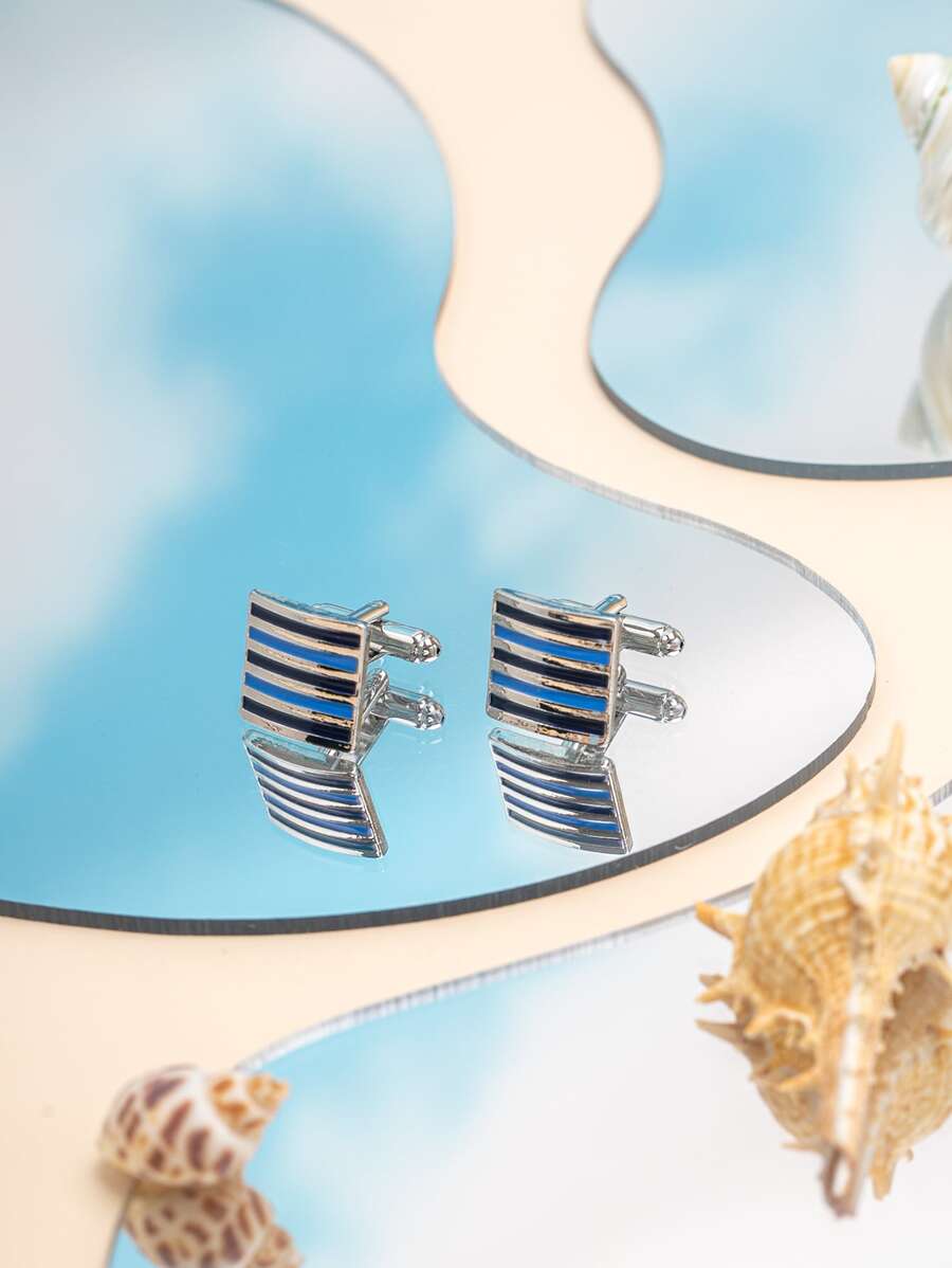 1Pair Minimalist Fashionable Zinc Alloy Striped Pattern Square Decor Cufflinks For Men For Daily Decoration - Silver - View 1