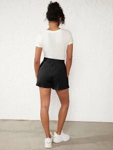 SHEIN BASICS Terry Fleece Solid Elastic Waist Shorts - Black - View 2