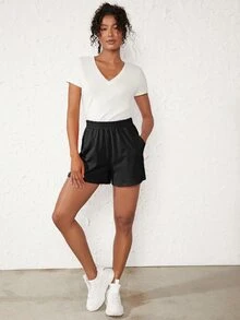 SHEIN BASICS Terry Fleece Solid Elastic Waist Shorts - Black - View 4