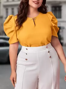 SHEIN Clasi Plus Keyhole Neckline Puff Sleeve Blouse - Yellow - View 1
