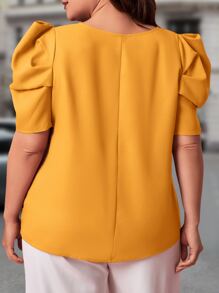 SHEIN Clasi Plus Keyhole Neckline Puff Sleeve Blouse - Yellow - View 2