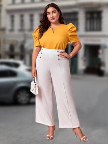 SHEIN Clasi Plus Keyhole Neckline Puff Sleeve Blouse - Yellow - View 3