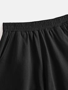 SHEIN BASICS Terry Fleece Solid Elastic Waist Shorts - Black - View 7