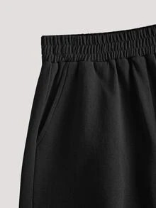 SHEIN BASICS Terry Fleece Solid Elastic Waist Shorts - Black - View 8