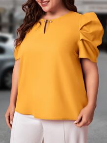 SHEIN Clasi Plus Keyhole Neckline Puff Sleeve Blouse - Yellow - View 5