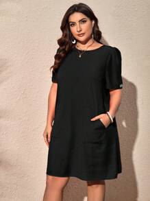 SHEIN Clasi Vestido túnico con doble bolsillo de manga farol - Negro - Ver 5