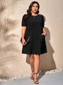 SHEIN Clasi Vestido túnico con doble bolsillo de manga farol - Negro - Ver 6