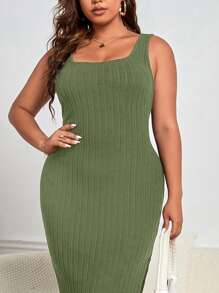 SHEIN Essnce Plus Split Thigh Tank Dress - Army Green - View 4