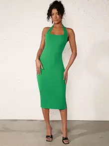 SHEIN BASICS Solid Halter Neck Backless Ribbed Knit Bodycon Dress - Green - View 1