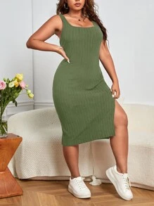 SHEIN Essnce Plus Split Thigh Tank Dress - Army Green - View 5