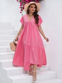 SHEIN VCAY Plus Butterfly Sleeve Ruffle Hem Smock Dress