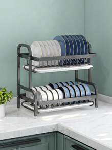 1入組不銹鋼碗碟架,現代2層盤子晾乾架 - 黑色 - 查看 1