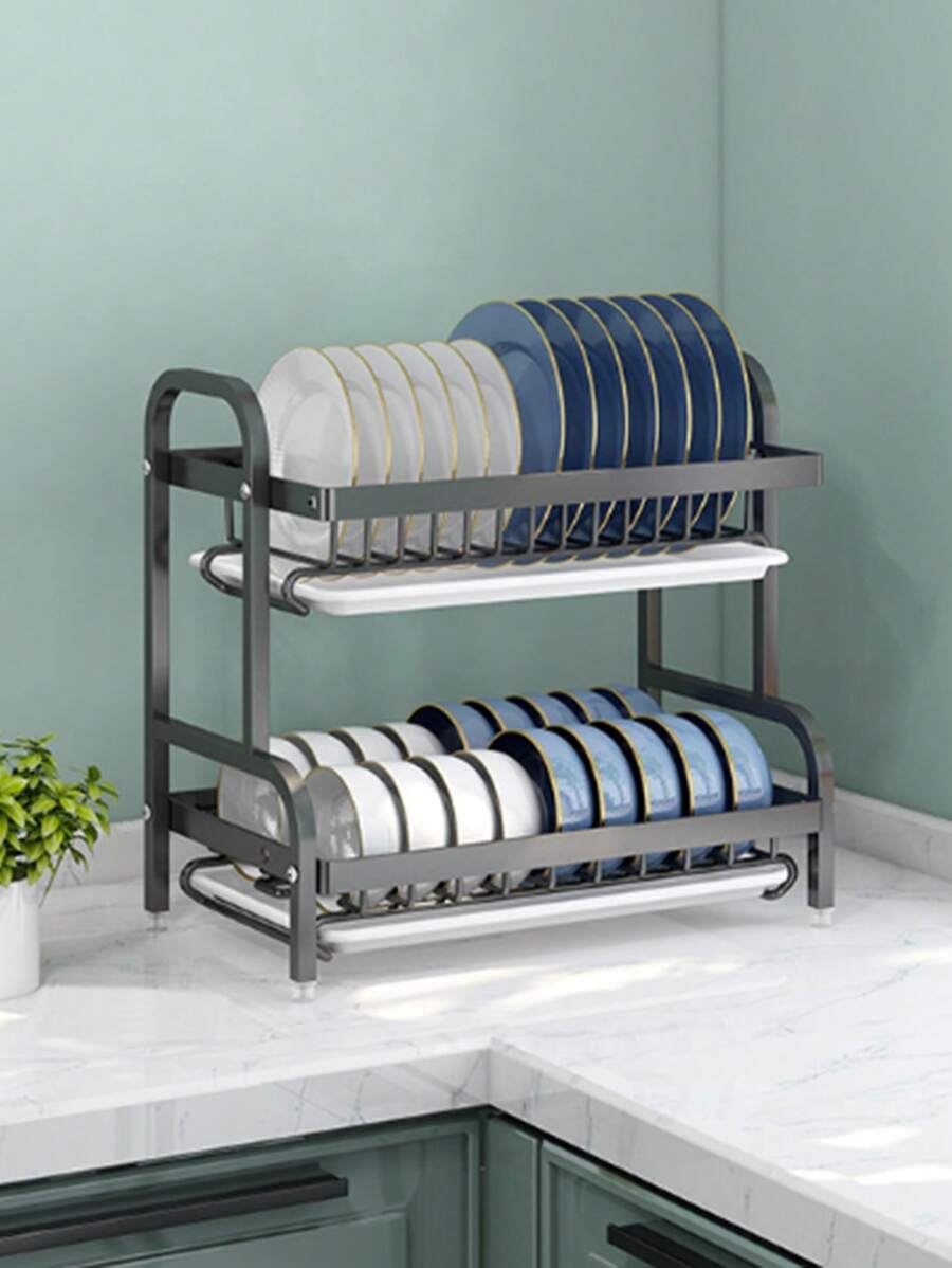 1入組不銹鋼碗碟架,現代2層盤子晾乾架 - 黑色 - 查看 1