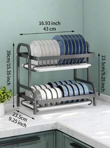 1入組不銹鋼碗碟架,現代2層盤子晾乾架 - 黑色 - 查看 3