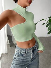 SHEIN BAE Áo thun nữ Bất đối xứng Cắt ra Gân đan màu trơn Giải trí - màu xanh lá - Xem 3