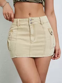 SHEIN ICON 側翻蓋口袋迷你牛仔半身裙 - 卡其色 - 查看 1