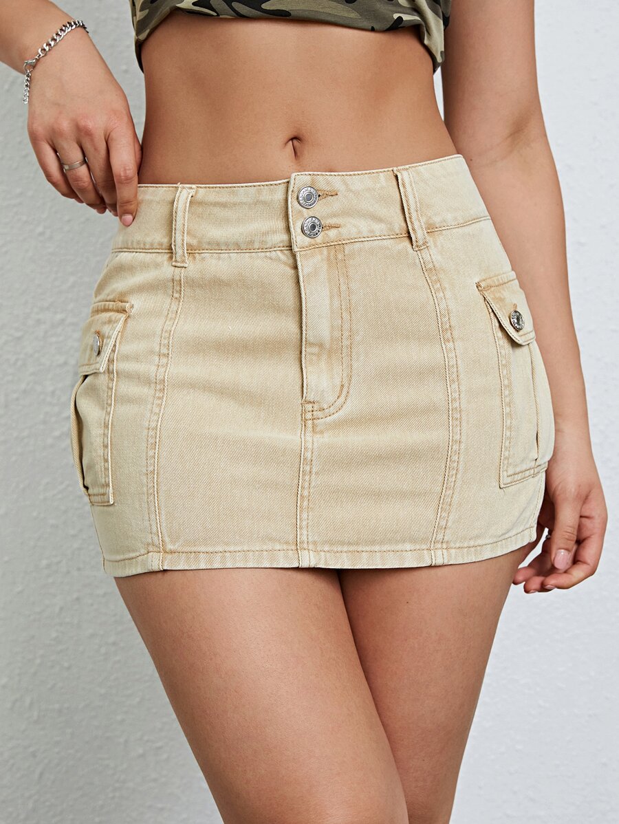 SHEIN ICON 側翻蓋口袋迷你牛仔半身裙 - 卡其色 - 查看 1