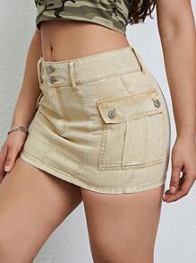 SHEIN ICON 側翻蓋口袋迷你牛仔半身裙 - 卡其色 - 查看 2