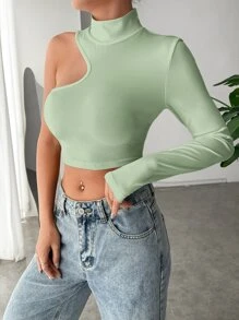 SHEIN BAE Áo thun nữ Bất đối xứng Cắt ra Gân đan màu trơn Giải trí - màu xanh lá - Xem 4