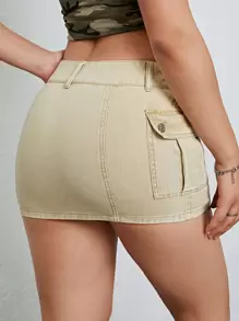 SHEIN ICON 側翻蓋口袋迷你牛仔半身裙 - 卡其色 - 查看 3