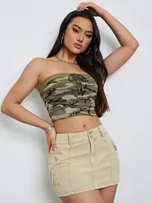 SHEIN ICON 側翻蓋口袋迷你牛仔半身裙 - 卡其色 - 查看 4