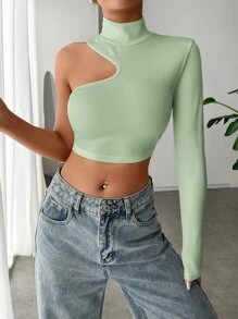 SHEIN BAE Áo thun nữ Bất đối xứng Cắt ra Gân đan màu trơn Giải trí - màu xanh lá - Xem 5