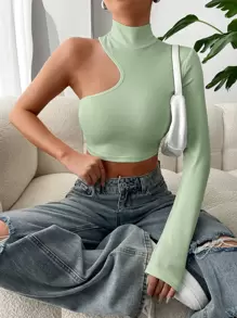 SHEIN BAE Áo thun nữ Bất đối xứng Cắt ra Gân đan màu trơn Giải trí - màu xanh lá - Xem 1