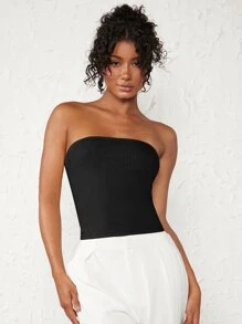 SHEIN BASICS 實心紋織管上衣 - 黑色 - 查看 1