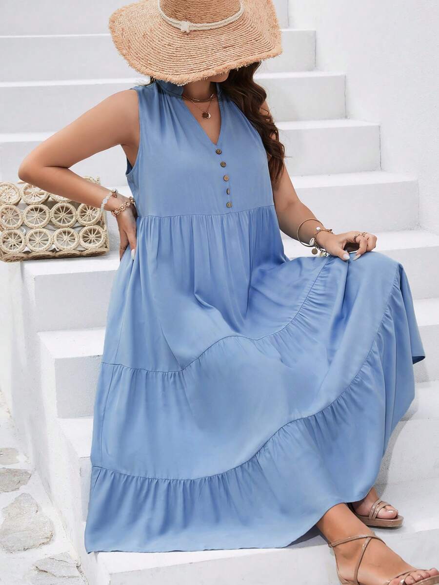 SHEIN VCAY Vestido smock con botón delantero bajo con fruncido - Neblina azul - Ver 1
