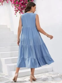 SHEIN VCAY Vestido smock con botón delantero bajo con fruncido - Neblina azul - Ver 2