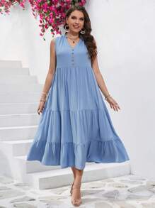 SHEIN VCAY Vestido smock con botón delantero bajo con fruncido - Neblina azul - Ver 4