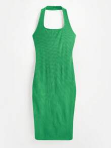 SHEIN BASICS Solid Halter Neck Backless Ribbed Knit Bodycon Dress - Green - View 4
