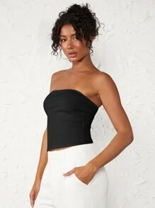 SHEIN BASICS 實心紋織管上衣 - 黑色 - 查看 4