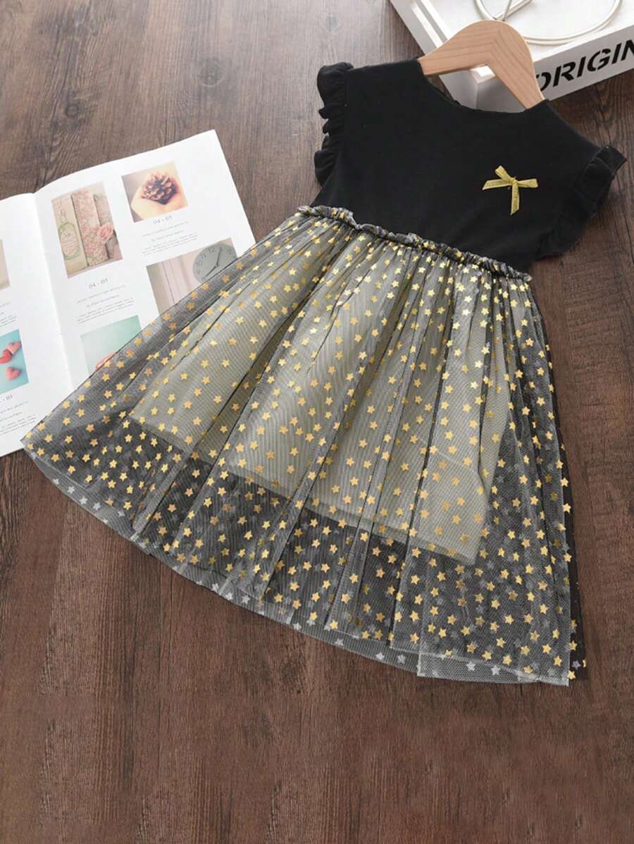 Niñas Vestido con estampado de estrella con malla ribete con fruncido con lazo delantero - Multicolor - Ver 1