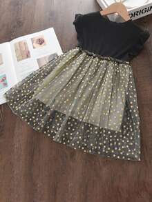 Niñas Vestido con estampado de estrella con malla ribete con fruncido con lazo delantero - Multicolor - Ver 2