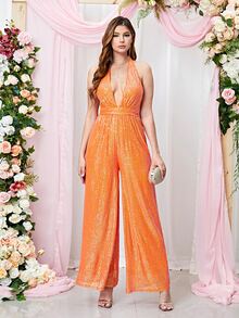 Double Crazy Cut Out Backless Wide Leg Jumpsuit - Orange - View 1