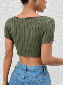 SHEIN PETITE Notched Neck Hanky Hem Crop Tee - Army Green - View 2
